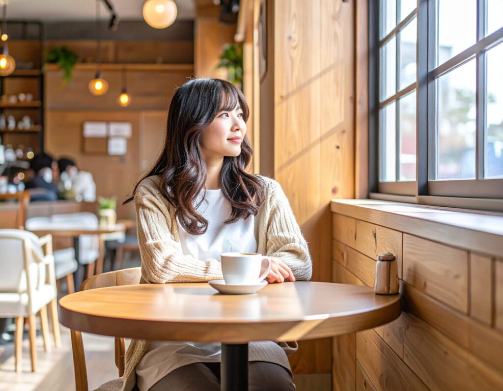 【1】自然な人物画像のプロンプト例(女性・カフェ)