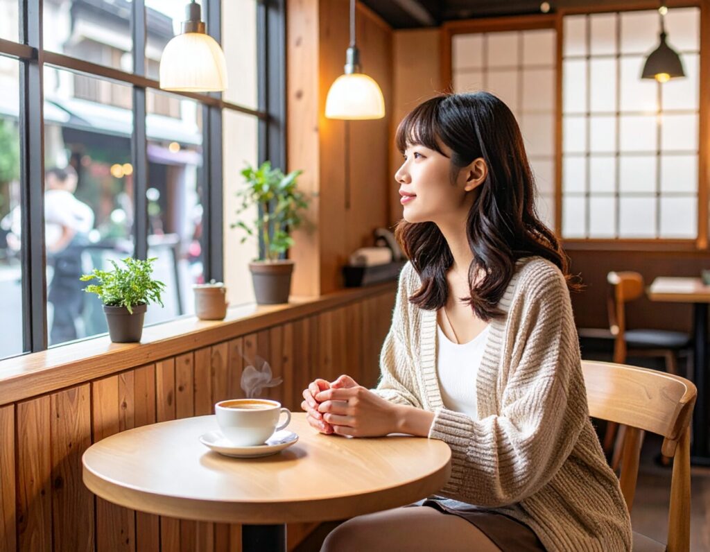 【1】自然な人物画像のプロンプト例(女性・カフェ)