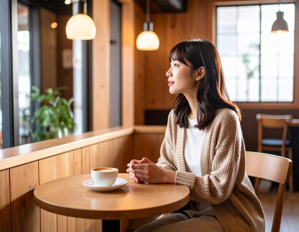 【1】自然な人物画像のプロンプト例(女性・カフェ)